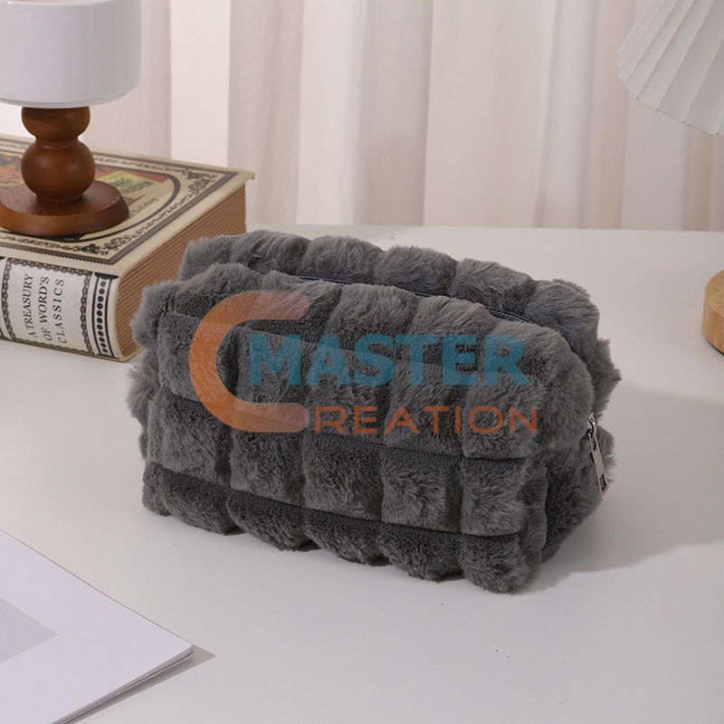 Gray Plush Cosmetic Bag